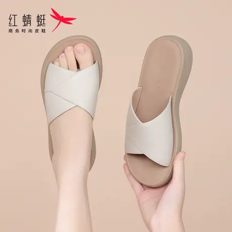 红蜻蜓女士平底厚底一字拖拖鞋女2025新款外穿夏凉拖鞋真皮夏天白图片