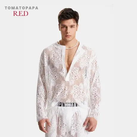 TOMATOPAPA手工高定意大利风蕾丝半开领镂空提花居家服运动套装商品大图