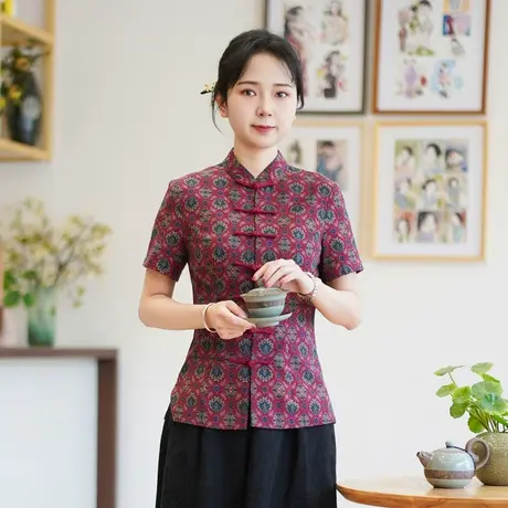 筠雅夏季新款国风古典唐装上衣女民国复古修身显瘦中式女装24J180商品大图