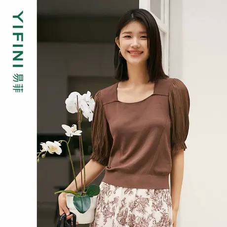 [专柜同款]Yifini/易菲方领压褶中袖拼接针织合体短款毛衫春秋新商品大图