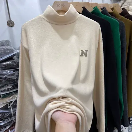 欧货ins潮牌高领长袖T恤女秋冬百搭宽松显瘦内搭双面德绒打底上衣商品大图