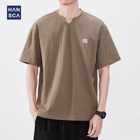 hansca 180g麻棉小珠地抗菌短袖t恤男2025夏季轻薄亨利领休闲上衣商品大图