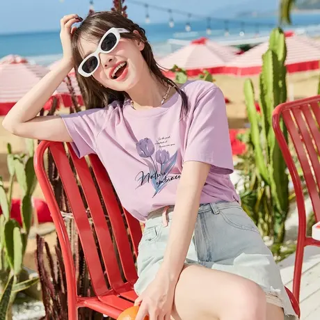 唐狮新款夏季水彩花卉短袖女T恤女甜美独特别致宽松上衣商品大图
