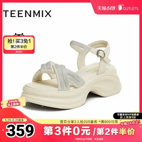 天美意2025夏新款商场同款时尚水钻厚底女一字带凉鞋BK941BL5图片