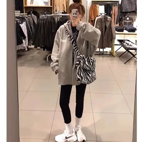 oversize卫衣女2023春秋小个子高级感上衣慵懒风薄款大码开衫外套图片