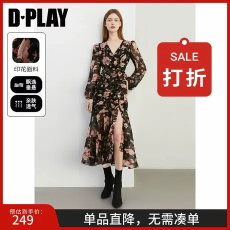 DPLAY年秋季气质度假风V领短袖系带蝴蝶结装饰长裙印花连衣裙图片