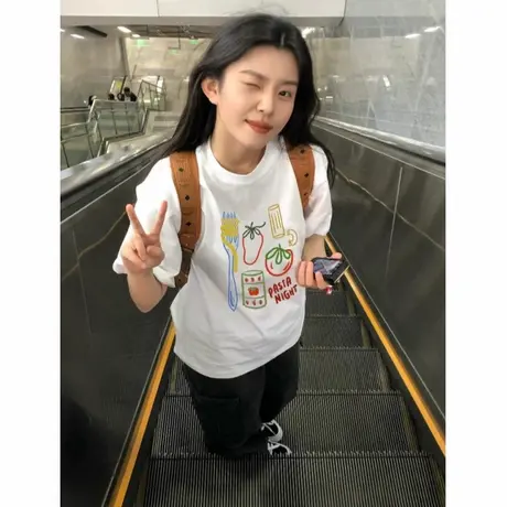 夏季纯棉落肩白色短袖t恤女2025新款爆款设计感美式宽松半袖上衣商品大图