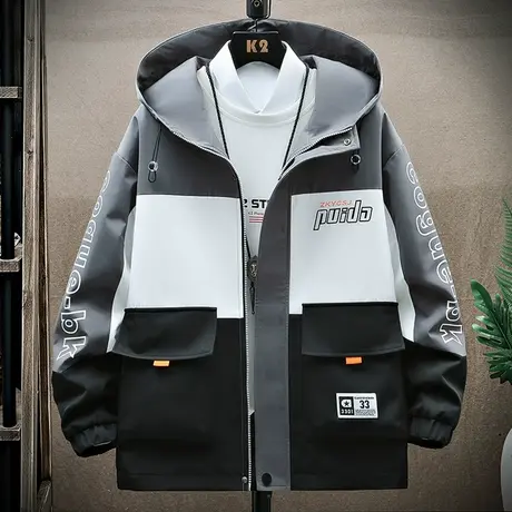工装外套男春秋款潮牌连帽拼色百搭上衣服宽松休闲褂子帅气夹克男图片