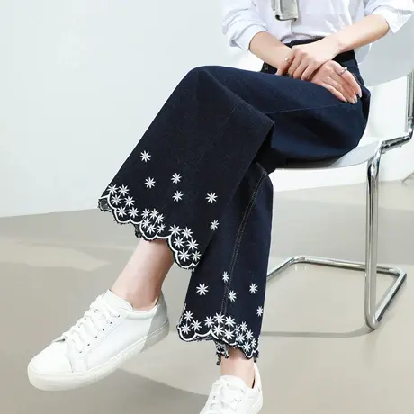 丹宁蓝花边刺绣阔腿牛仔裤女春秋新款高腰显瘦小个子九分直筒裤子商品大图
