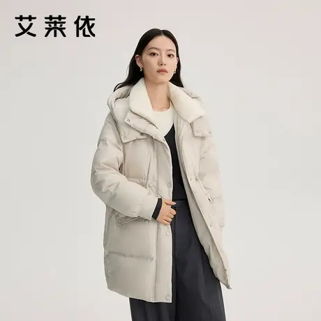艾莱依奥莱拼接羽绒服仿羊羔毛领收腰中长款大衣风衣外套冬季清仓图片