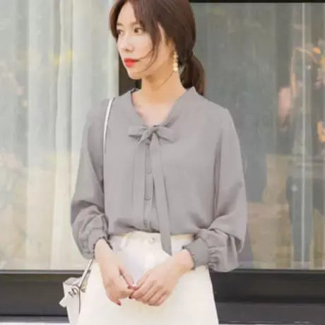 桔熊春秋季通勤蝴蝶结系带雪纺衬衫女漂亮气质长袖上衣大码AB4416图片