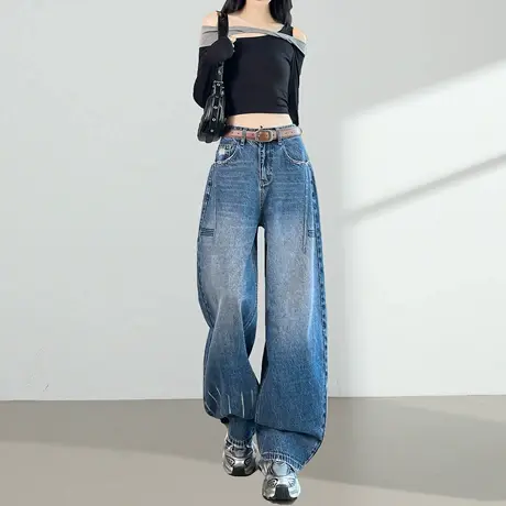 美式阔腿牛仔香蕉裤女2025秋季新款高腰百搭宽松显瘦垂感弯刀裤子商品大图