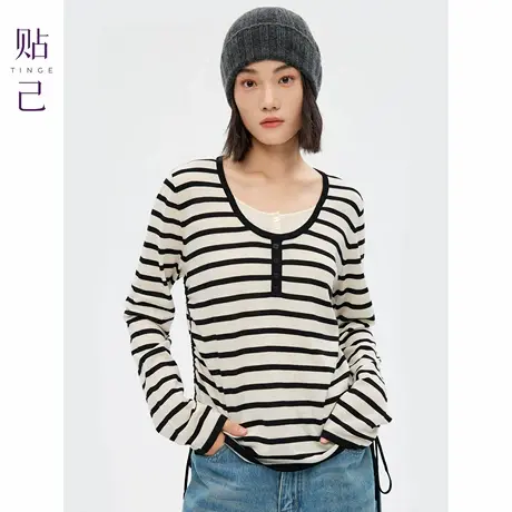 TINGE贴己条纹假两件精纺100%纯羊毛针织衫女秋冬内搭保暖上衣商品大图