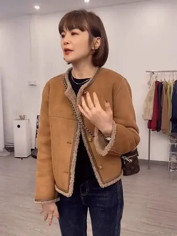 2023秋冬新款小香风皮毛一体外套短款韩版宽松休闲加绒羊羔毛上衣商品大图