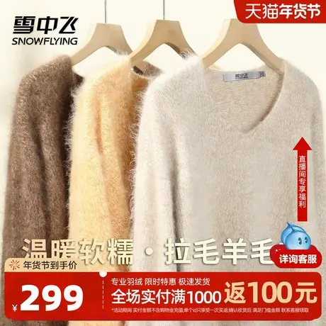 雪中飞100%绵羊毛拉毛V领高级休闲百搭羊毛衫女秋冬季软糯针织衫W图片