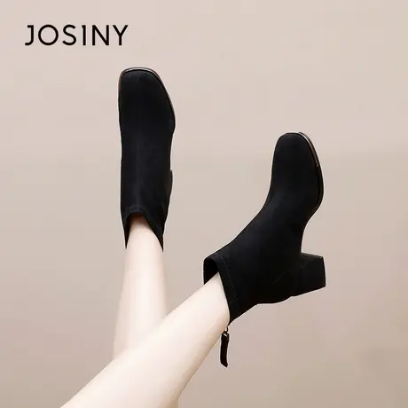 卓诗尼2025秋冬新款粗跟短靴女时尚百搭舒适后拉链时装靴瘦瘦靴女图片