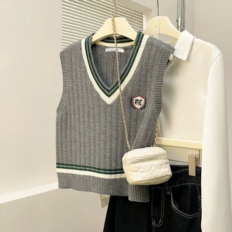 唐狮学院风V领套头马甲春秋冬季红色费尔岛针织衫外套简约软糯TD商品大图