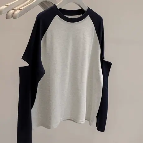 拼接撞色插肩袖T恤女春秋纯棉宽松显瘦设计感小众百搭长袖上衣潮商品大图