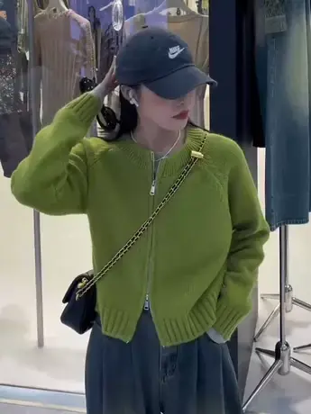 复古圆领粗棒针双拉链毛衣外套纯色百搭短款毛线针织开衫ins上衣商品大图