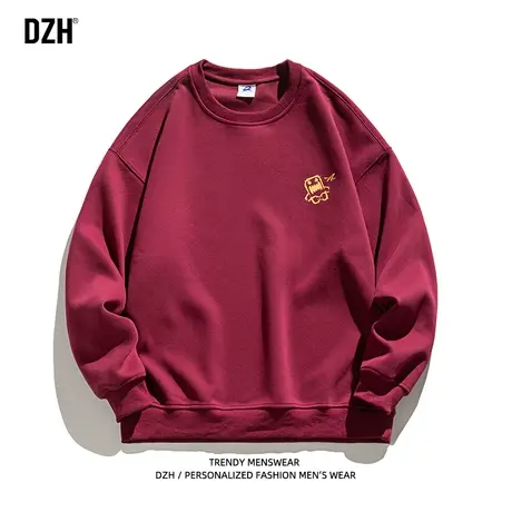 男士红色美式重磅卫衣男圆领秋季潮牌休闲男装2023新款长袖打底衫商品大图