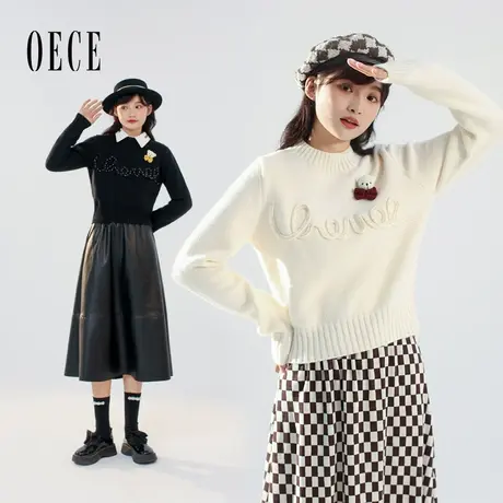 【买1送1】Oece冬新款女套头毛衣小熊圆领长袖针织衫气质上衣图片