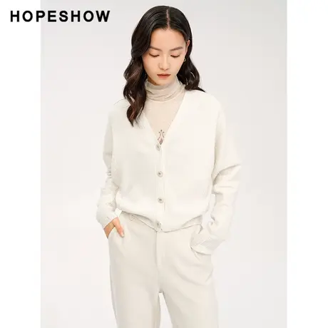 红袖outlets纯色V领针织衫hopeshow2023冬款温柔别致毛衣开衫女商品大图