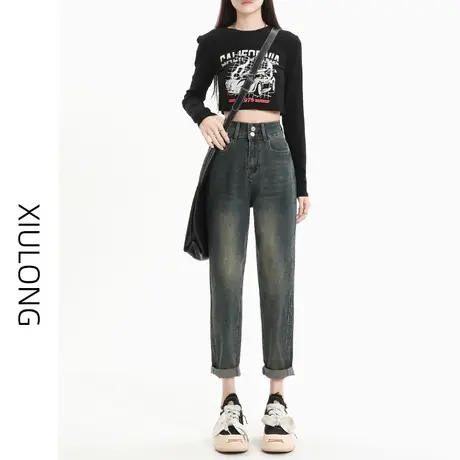 水泥灰高腰哈伦牛仔裤女秋冬季2023年新款显瘦小个子九分老爹裤子商品大图