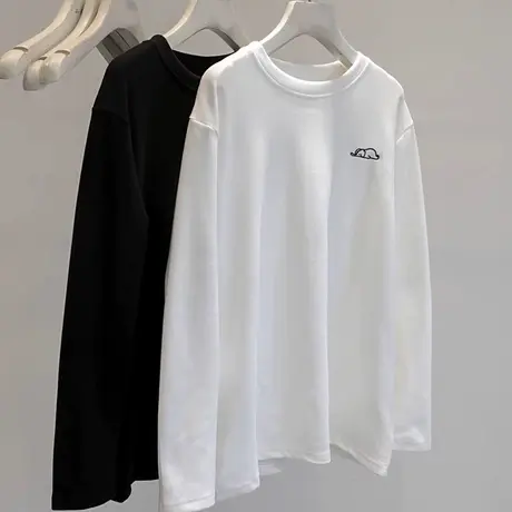 德绒磨毛刺绣T恤长袖女秋冬宽松韩版百搭加绒加厚内搭打底衫上衣图片