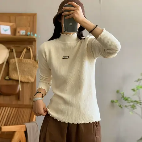 dza 棉线一体绒加厚荷叶边针织衫女冬内搭上衣打底衫宽松高领毛衣图片