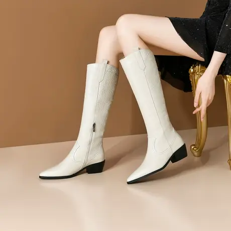 真皮靴子女2023秋冬新款高筒靴高跟尖头长靴舒适软牛皮西部骑士靴图片