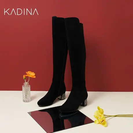 卡迪娜新款大高靴时尚中跟羊反绒面革时装靴女靴KA221503商品大图