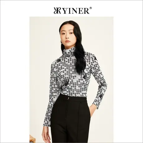YINER音儿女装冬季千鸟格法式优雅毛针织衫商品大图