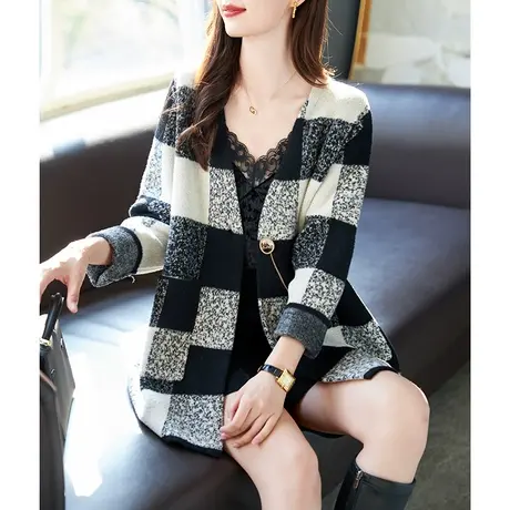 宝诗黎蕾丝拼接针织格子上衣开衫披肩外套两件套装2024春秋季新款商品大图