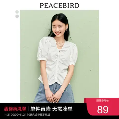 太平鸟短袖抽褶上衣女白色泡泡袖衬衫夏季新款法式复古蝴蝶结商品大图