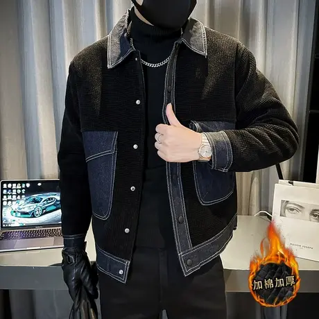 冬季2023新款牛仔拼接设计感加厚保暖加厚灯芯绒外套冬款棉衣夹克图片