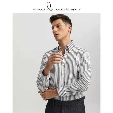 十米布长绒棉条纹衬衫男士商务休闲纯棉尖领扣领长袖修身正装衬衣商品大图