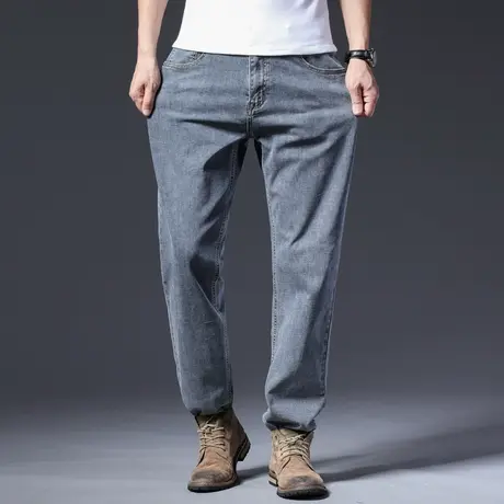 秋冬新款宽松牛仔裤男直筒大码高腰腿粗胖子长裤灰色肥佬高端长裤图片