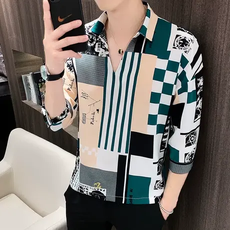 夏季新款冰丝七分袖衬衫男潮薄款痞帅休闲短袖涂鸦花衬衣韩版外套商品大图