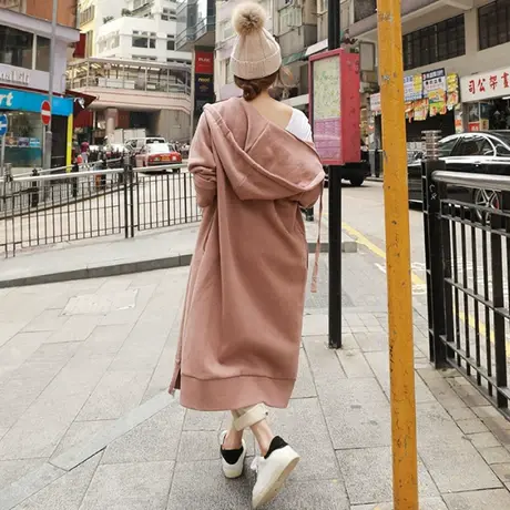 纯诗曼时尚韩版春秋新款宽松休闲大码过膝长款连帽卫衣外套女潮商品大图