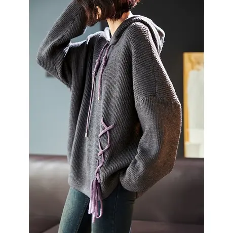 宝诗黎连帽系带时尚慵懒针织衫女长袖秋冬季2023新款宽松套头毛衣商品大图