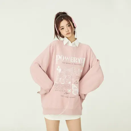 YEP复古蝴蝶印花粉色卫衣女春秋2025新款设计感小众圆领长袖上衣商品大图