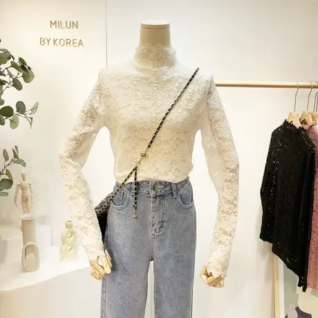 蕾丝雪纺衫2021春秋韩国东大门高品质半高领蕾丝打底衫衫网纱内搭商品大图