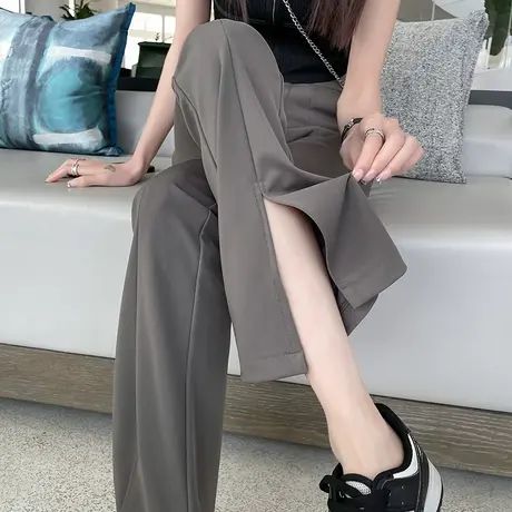 开叉灰色微喇裤女春夏季薄款高腰修身弹力显瘦拖地休闲西装长裤子图片
