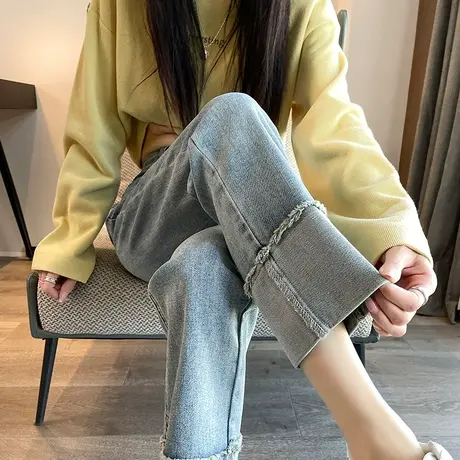 烟管裤女2023新款春装拼色设计感高腰显瘦小个子九分直筒牛仔裤子图片