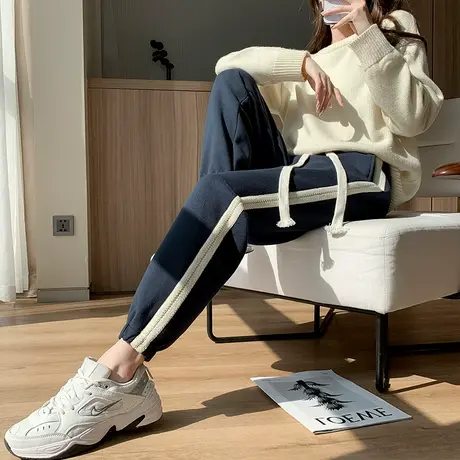 加绒蓝色运动裤女秋冬季束脚高腰宽松显瘦休闲哈伦条纹加厚卫裤子商品大图