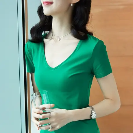 雀后T恤女牛油果绿色2023夏装新款打底短袖V领体恤宽松纯韩版上衣商品大图