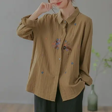 dza 复古宽松绣花翻领长袖衬衣女士春秋新款内搭上衣休闲纯棉衬衫图片