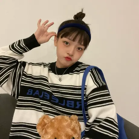 红续古着毛衣女vintage秋冬复古日系慵懒宽松港风条纹长袖针织衫商品大图