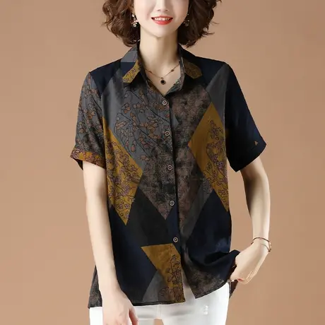 休闲衬衫女短袖夏季加肥加大码女装宽松中年妈妈纯棉印花显瘦衬衣商品大图