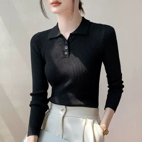 POLO领针织衫女长袖2023秋季新品纽扣外穿修身减龄翻领内搭上衣商品大图